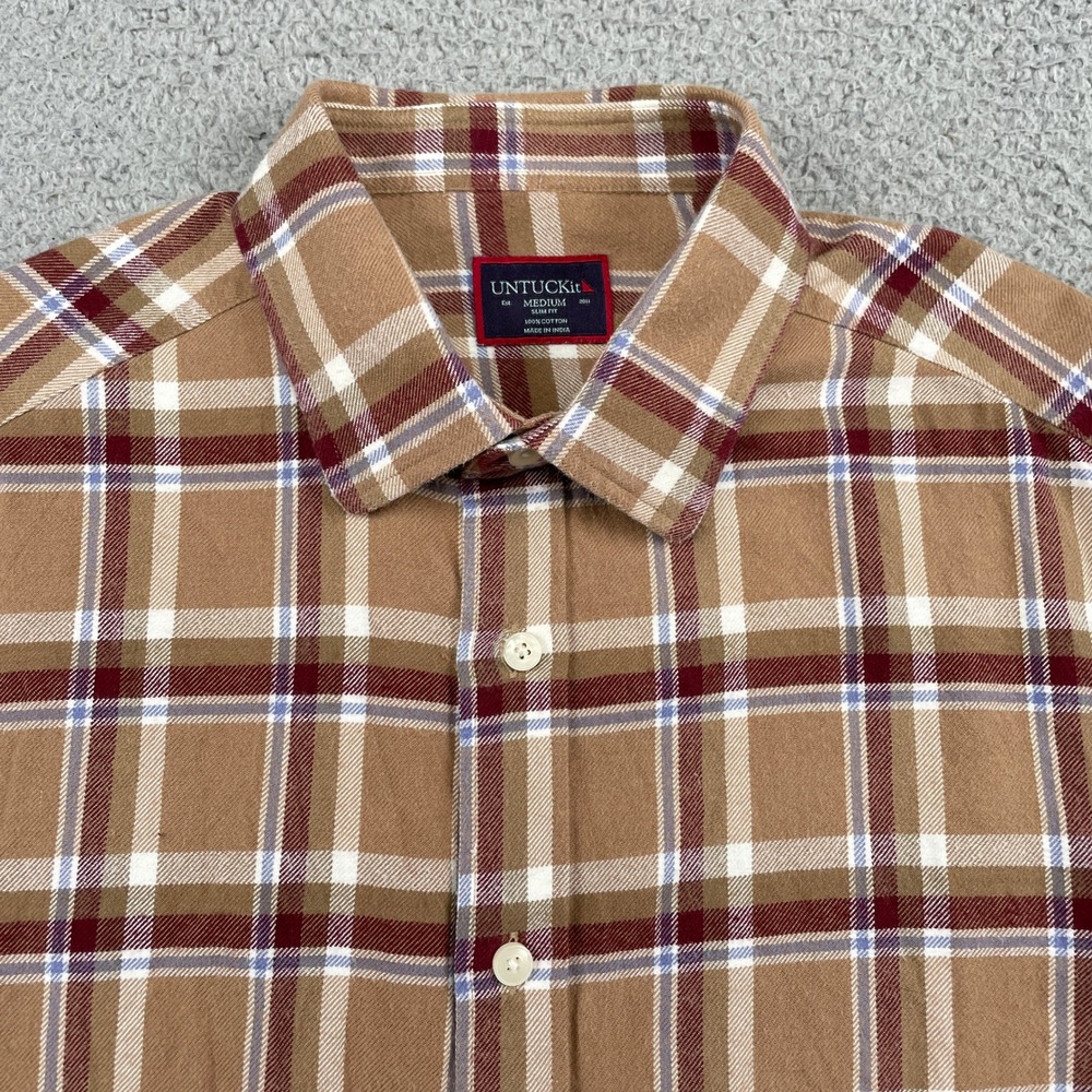 UNTUCKit Button Down Mens Medium Brown Plaid Slim Fit Long Sleeve Cotton Shirt